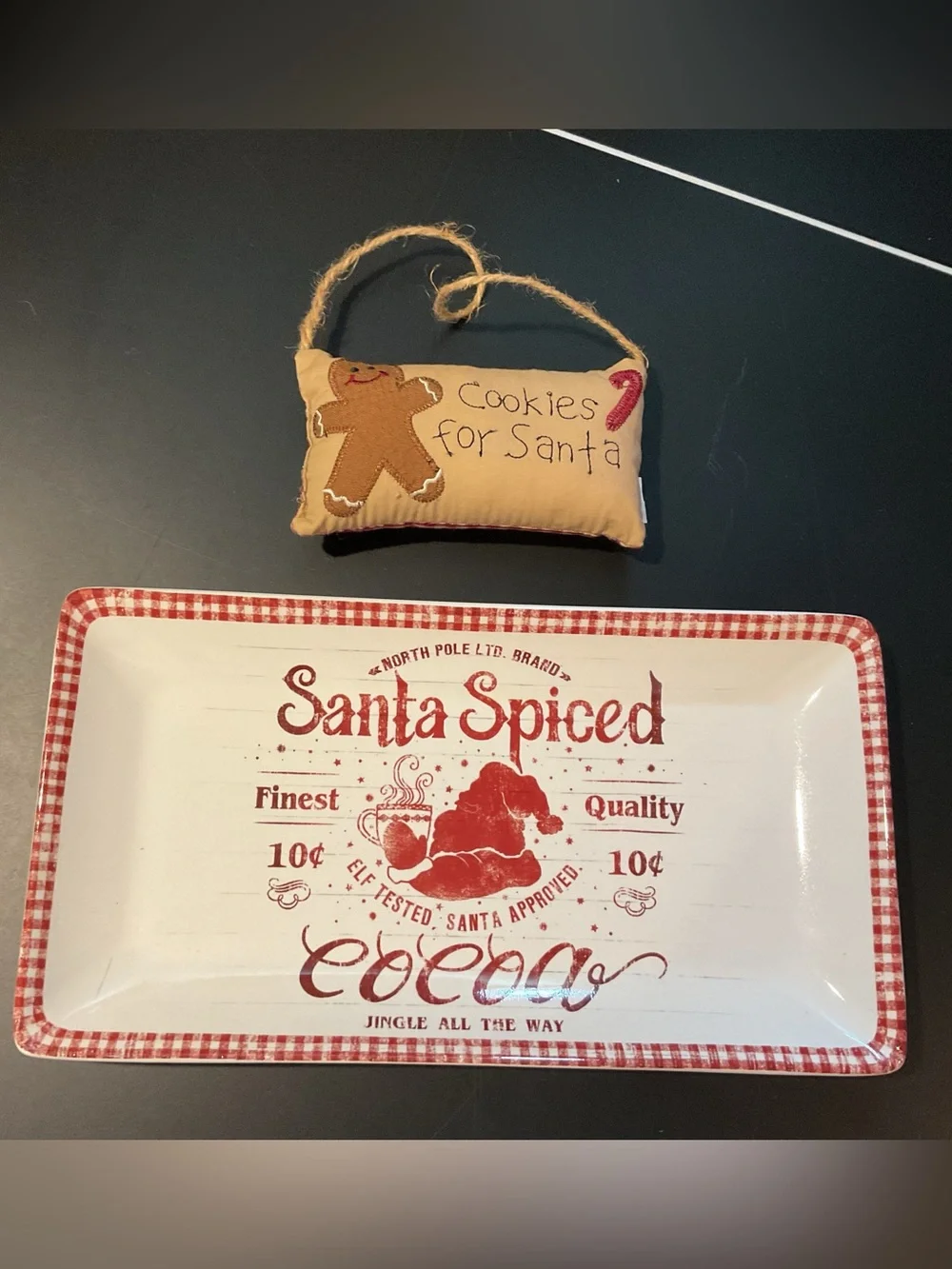 Pier 1 Christmas Cocoa Serving Platter & Gingerbread Pillow Ornament Bundle